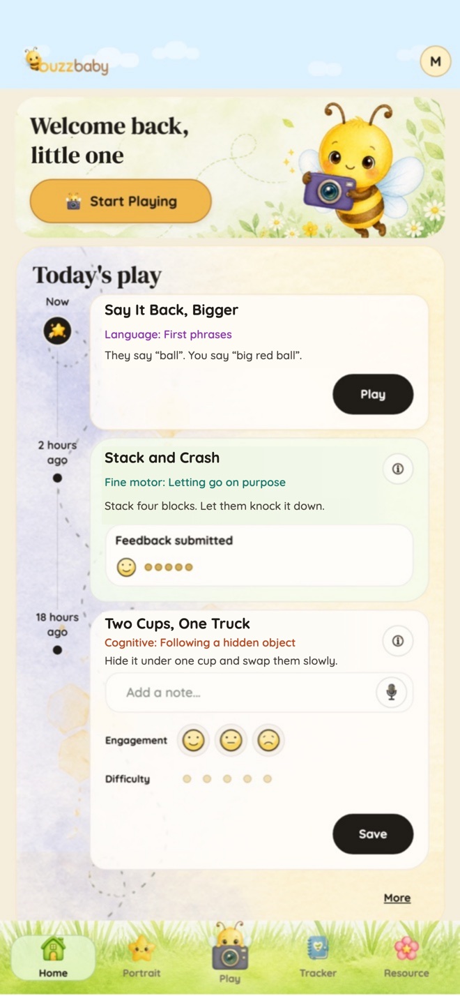 The BuzzBaby home screen, showing today's play activities.